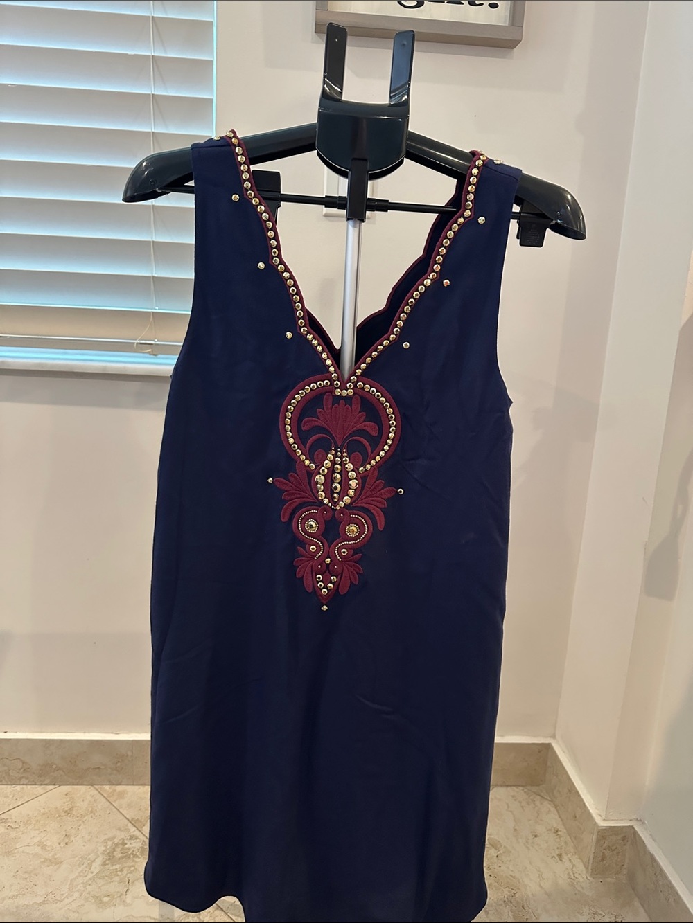 Lilly Pulitzer NWT Owen Dress True Navy Dress with Burgundy Trim and Gold Studs